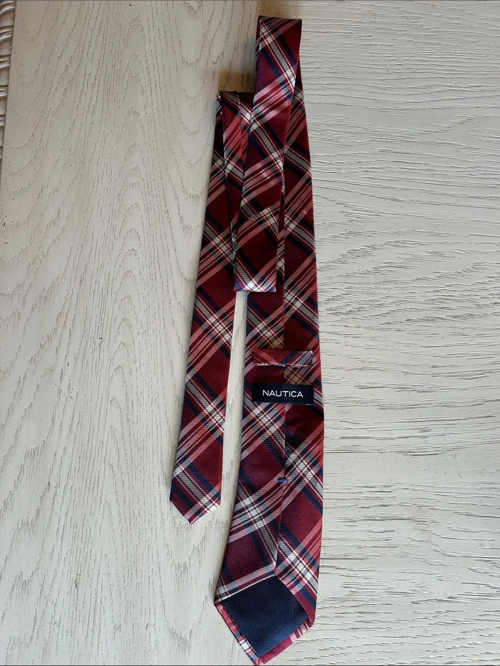 Nautica Red Plaid Tie with Navy and White Stripes